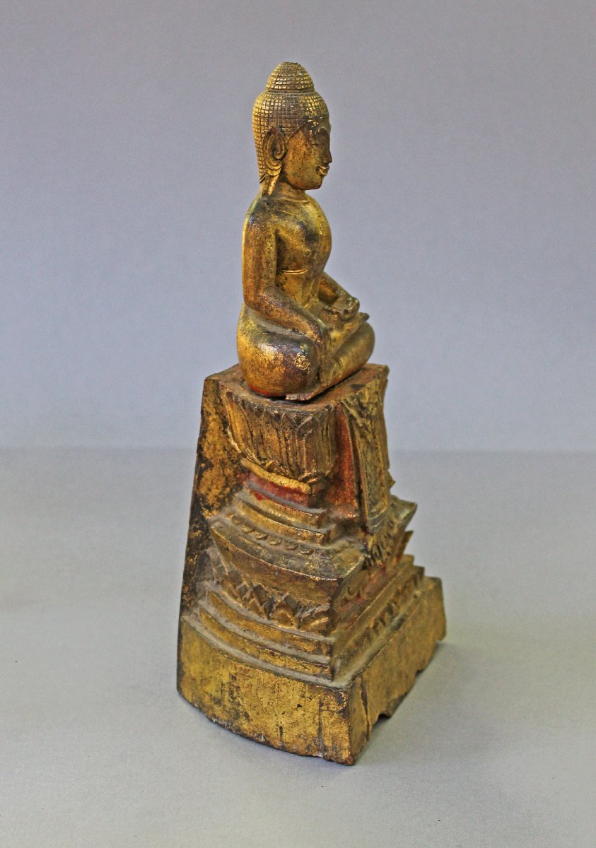 Ancien Bouddha Thaïlandais du Nord en Bois Doré, Début XIXe Siècle ou Antérieur-photo-4