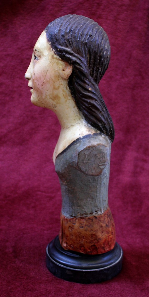 Antique Sicilian Polychrome Wood Processional Bust Of Saint Agatha, 17th-18th Century-photo-2