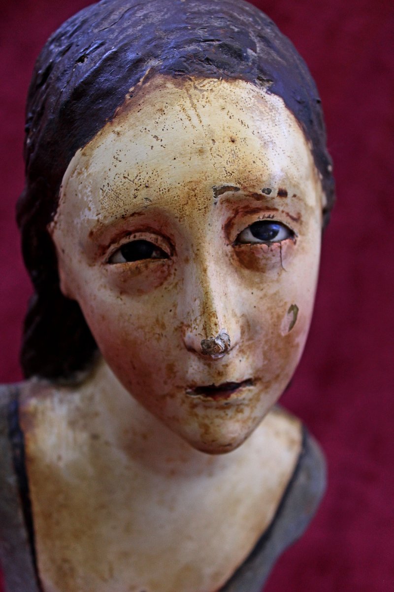 Antique Sicilian Polychrome Wood Processional Bust Of Saint Agatha, 17th-18th Century-photo-1