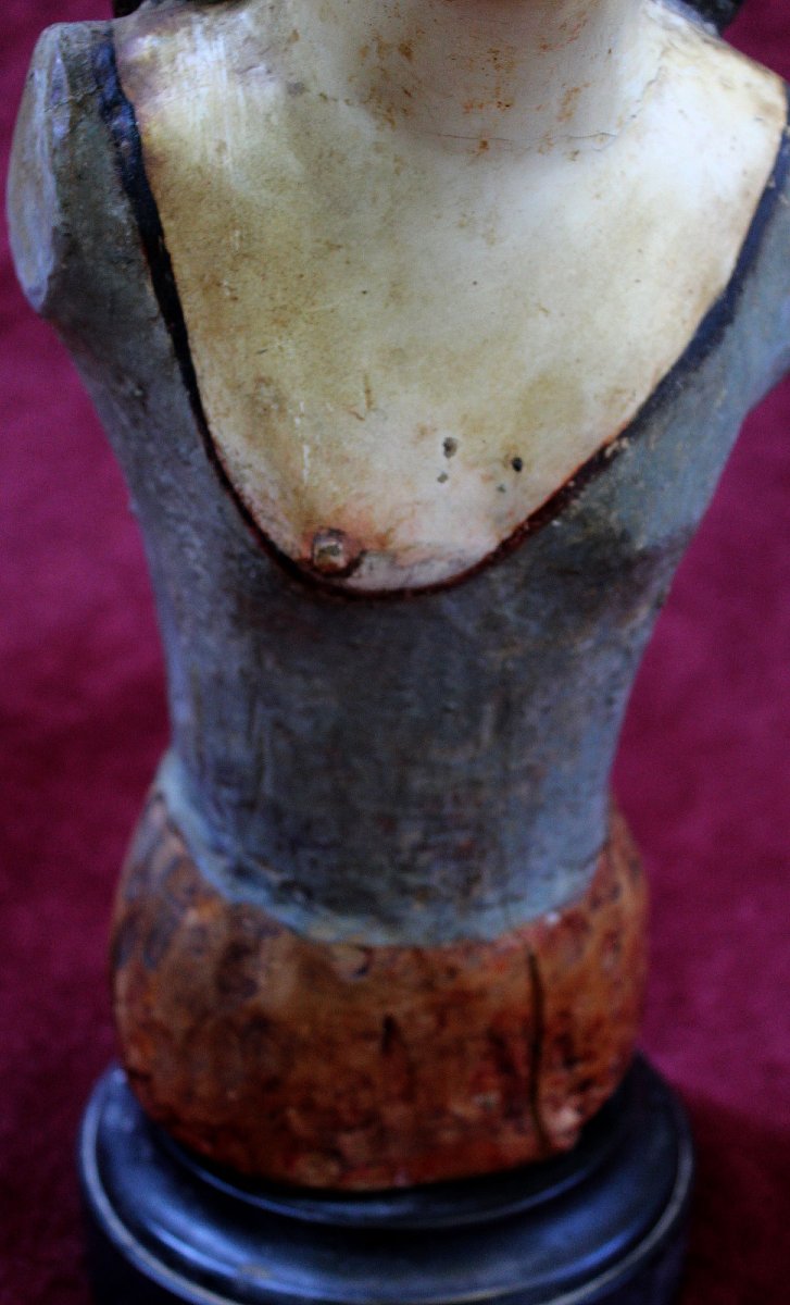 Antique Sicilian Polychrome Wood Processional Bust Of Saint Agatha, 17th-18th Century-photo-2