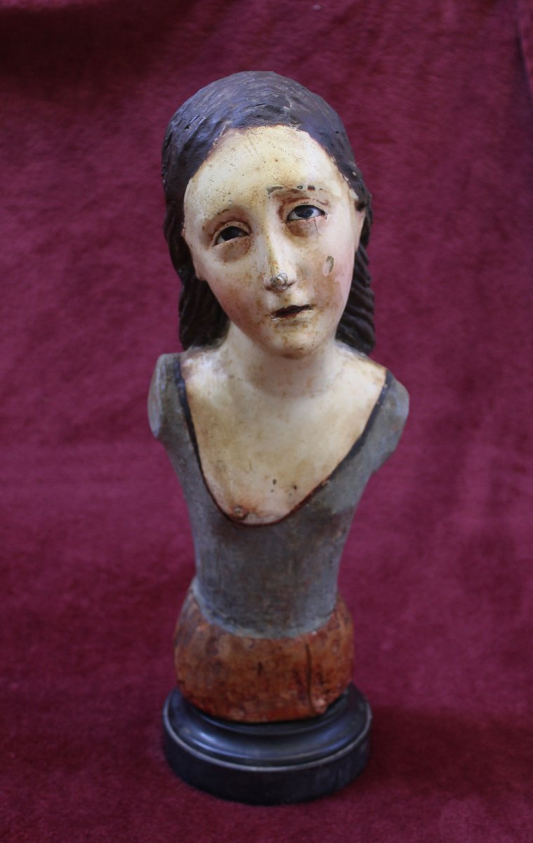 Antique Sicilian Polychrome Wood Processional Bust Of Saint Agatha, 17th-18th Century