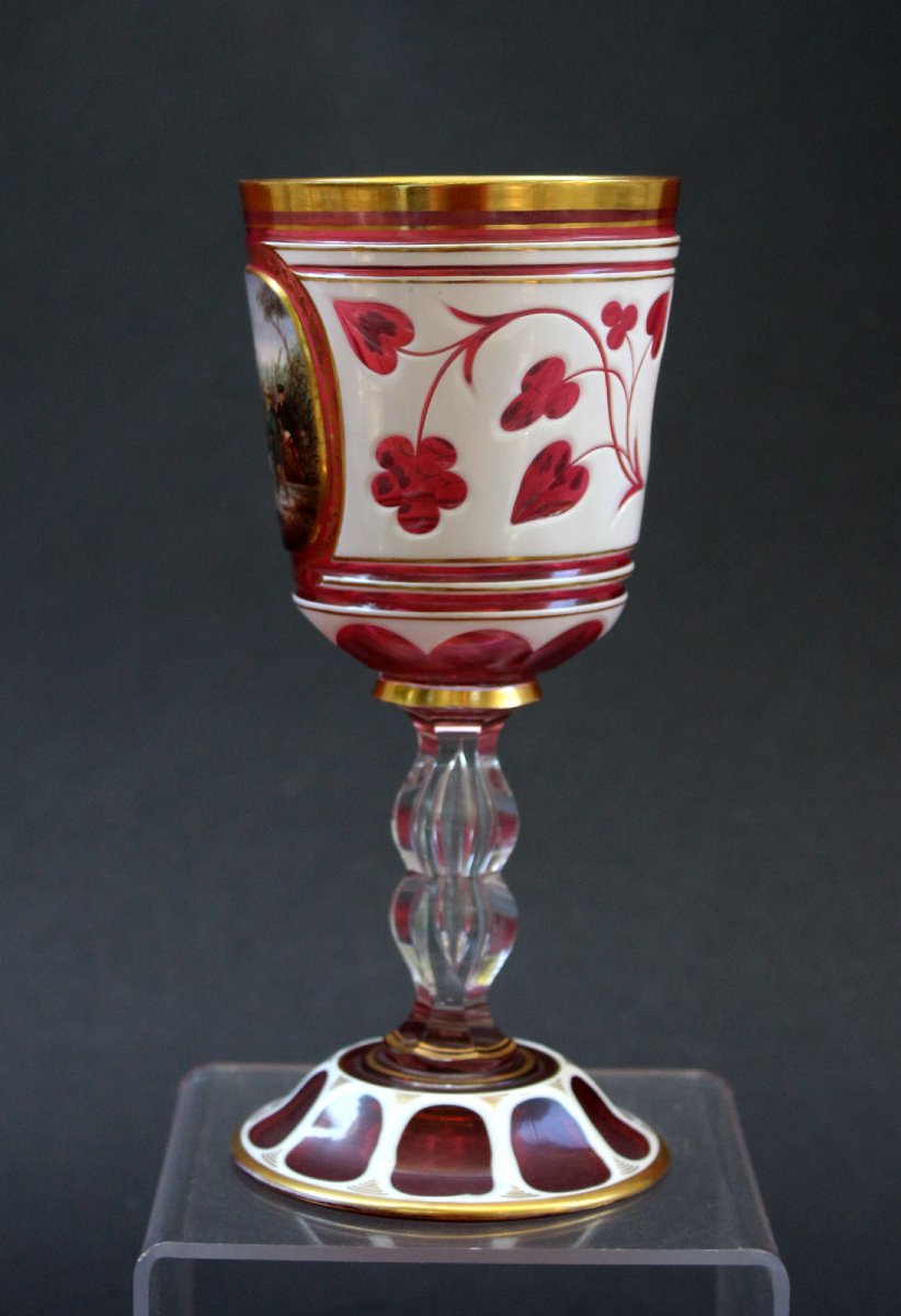Verre Ancien en Cristal de Bohême Rouge Rubis, Chasse et Monogramme Noble, XIXe-photo-2