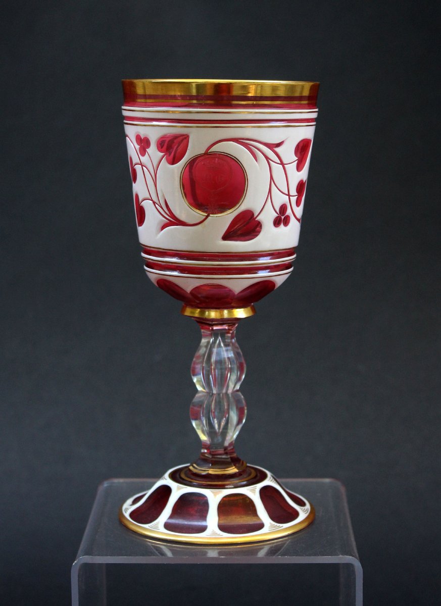 Verre Ancien en Cristal de Bohême Rouge Rubis, Chasse et Monogramme Noble, XIXe-photo-3