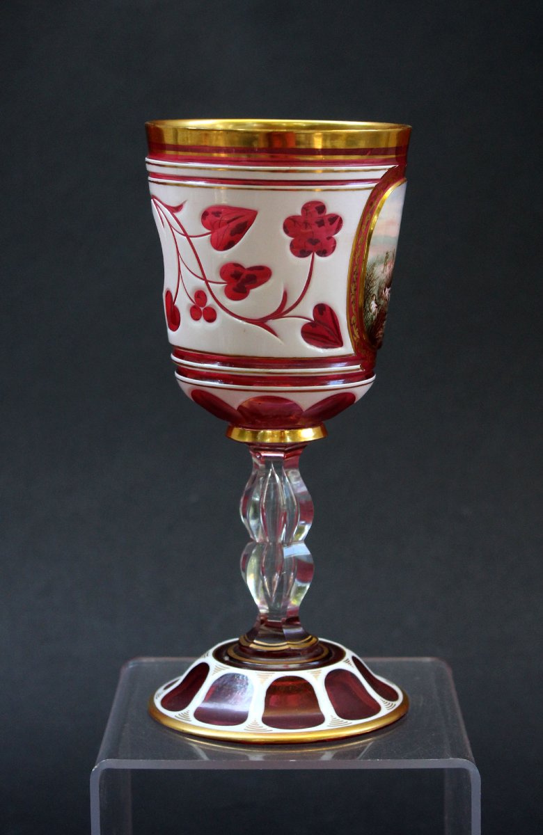 Verre Ancien en Cristal de Bohême Rouge Rubis, Chasse et Monogramme Noble, XIXe-photo-4