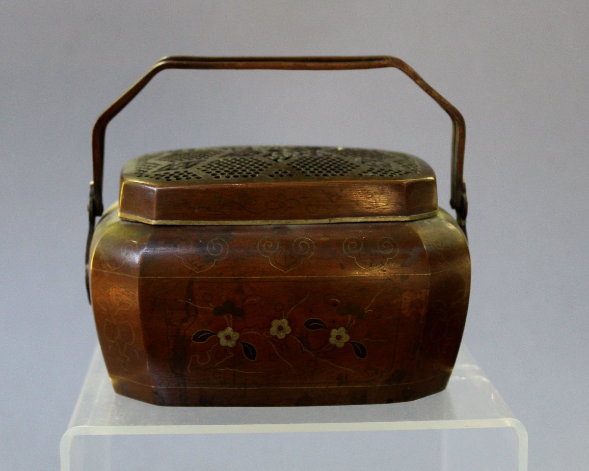 Antique Vietnamese Bronze Silver & Mixed Metal Inlaid Hand Warmer, 19th Century-photo-2
