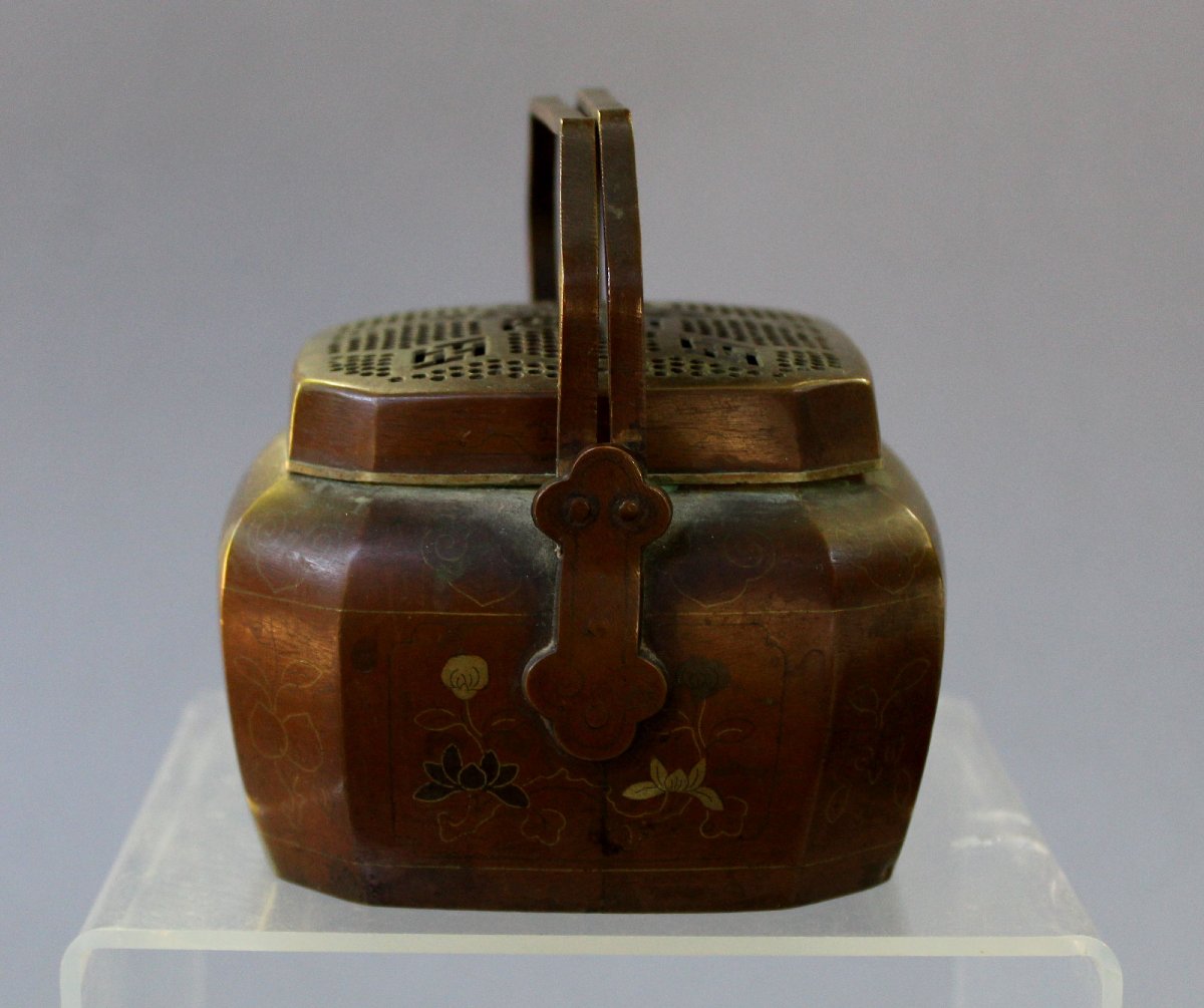 Antique Vietnamese Bronze Silver & Mixed Metal Inlaid Hand Warmer, 19th Century-photo-3