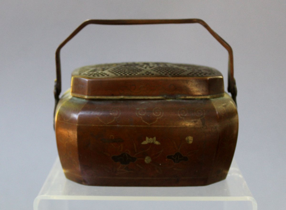 Antique Vietnamese Bronze Silver & Mixed Metal Inlaid Hand Warmer, 19th Century-photo-4