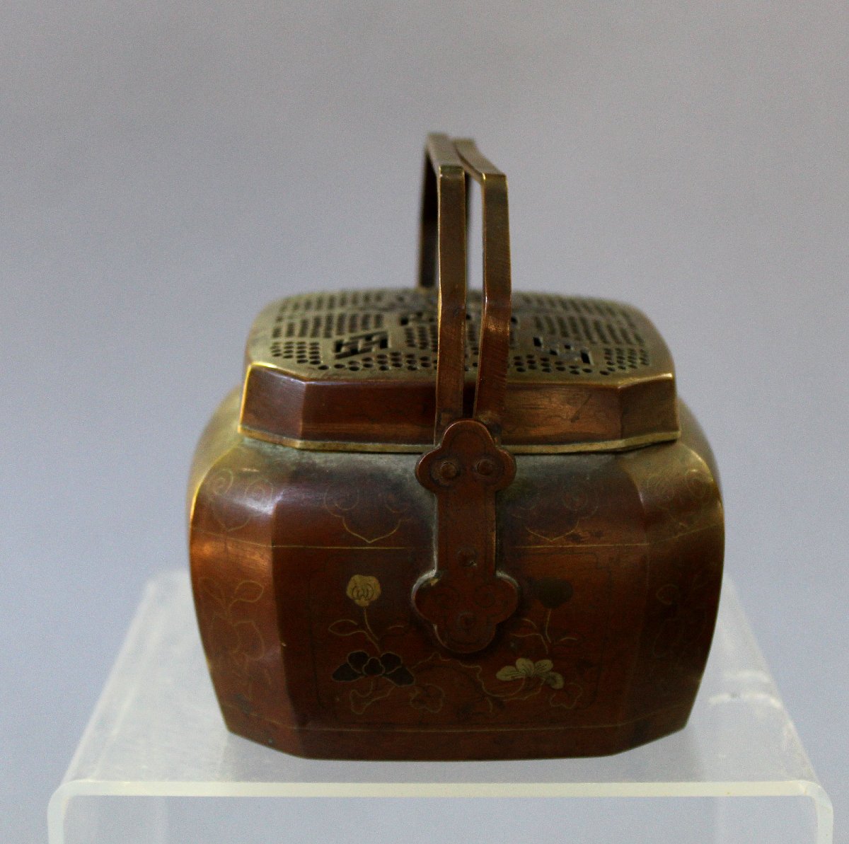 Antique Vietnamese Bronze Silver & Mixed Metal Inlaid Hand Warmer, 19th Century-photo-1