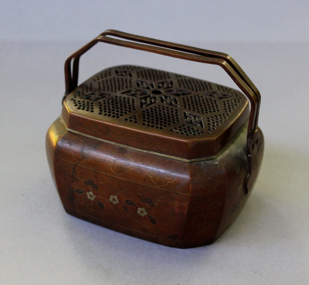 Antique Vietnamese Bronze Silver & Mixed Metal Inlaid Hand Warmer, 19th Century