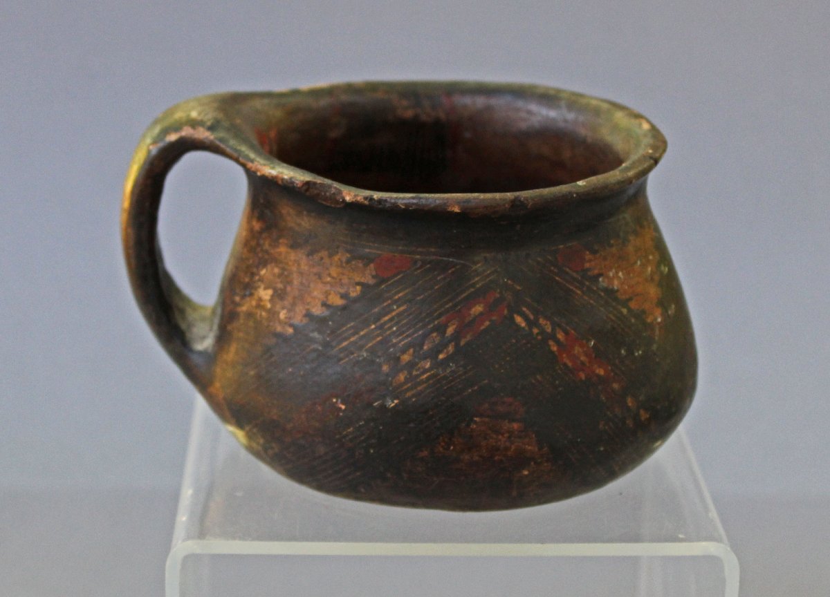 Curious Antique Pottery Cup With Painted Decoration