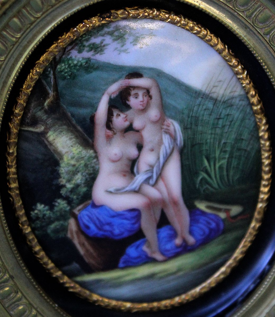Plaque Ancienne Érotique, Deux Baigneuses Légèrement Vêtues, XIXe Siècle