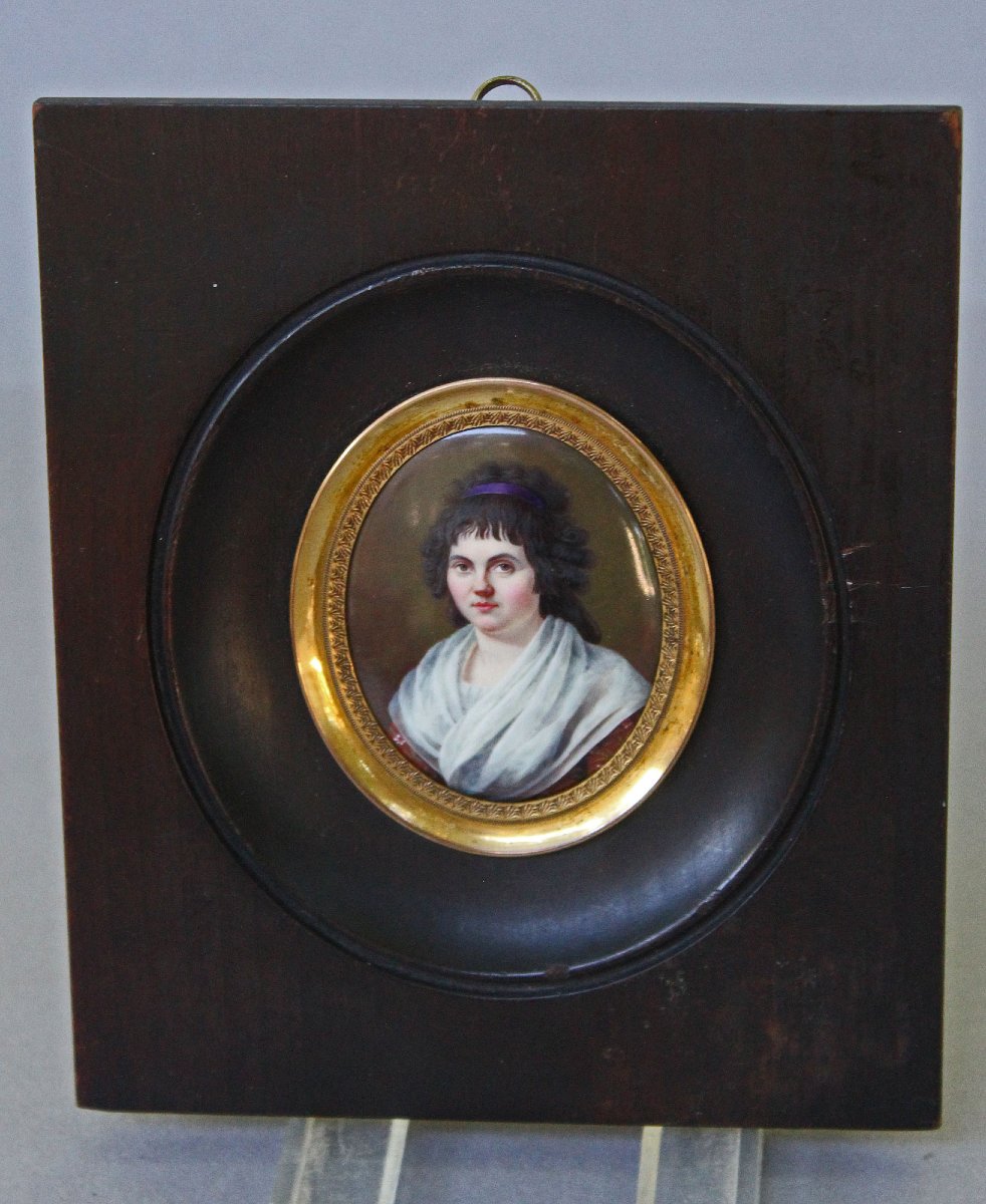 Antique French Portrait Miniature Of A Lady, Hand Painted On Porcelain, Early 19th Century-photo-2
