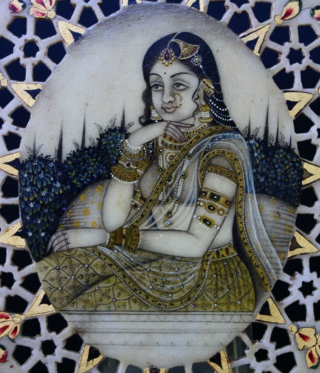 Indian Hand Painted Marble Plate, Mughal Princess, Jaipur-photo-2
