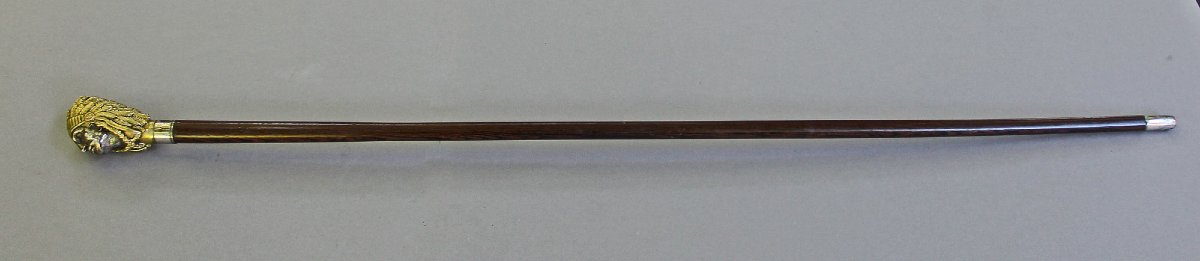 Antique Native American Indian Chief Walking Stick Cane, Silvered Gilt Bronze, Circa 1900-photo-2