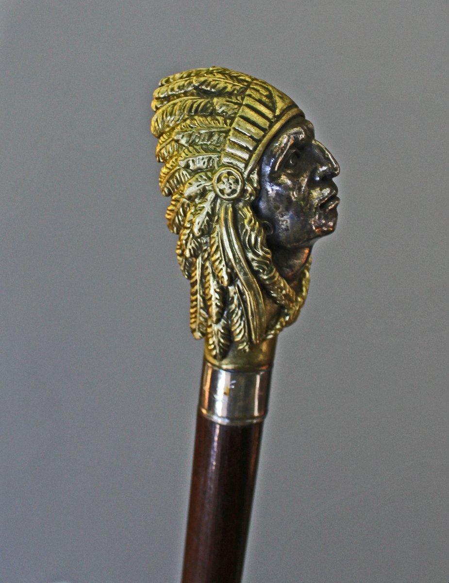 Antique Native American Indian Chief Walking Stick Cane, Silvered Gilt Bronze, Circa 1900-photo-3