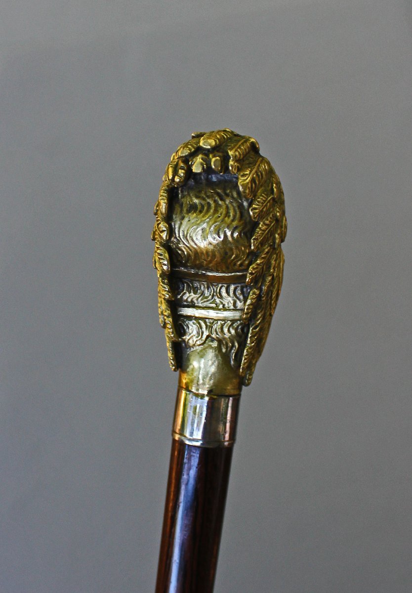 Antique Native American Indian Chief Walking Stick Cane, Silvered Gilt Bronze, Circa 1900-photo-4