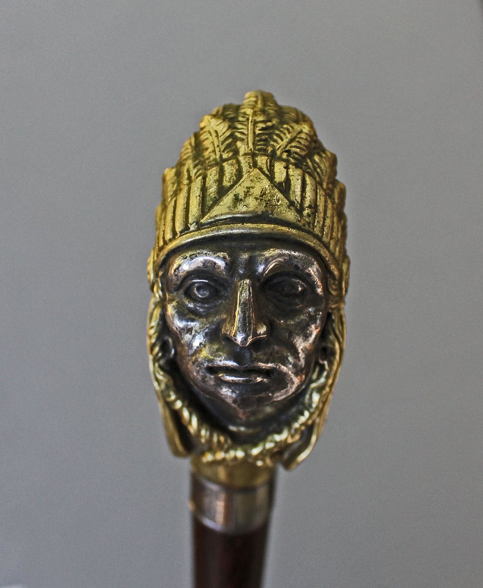 Antique Native American Indian Chief Walking Stick Cane, Silvered Gilt Bronze, Circa 1900-photo-3