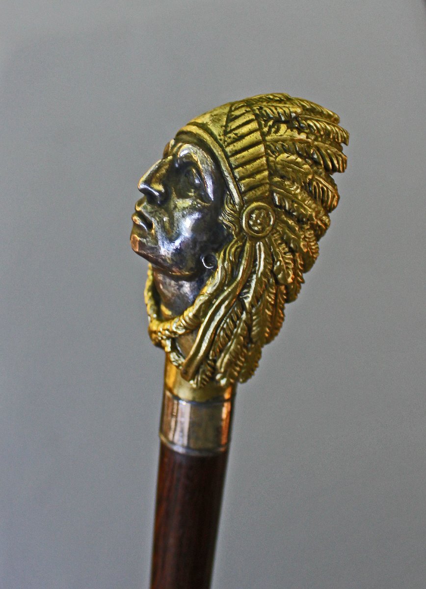 Antique Native American Indian Chief Walking Stick Cane, Silvered Gilt Bronze, Circa 1900