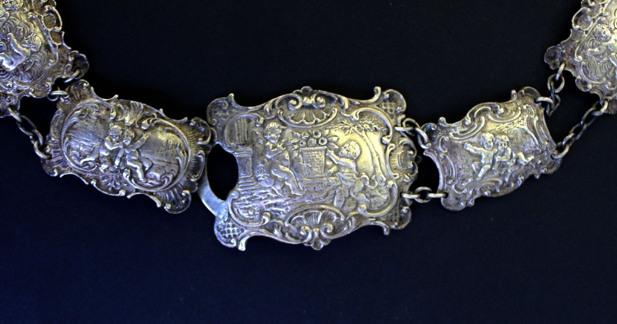 Ceinture de Dame en Argent Massif, Amoureux et Cupidons, Fin XIXe–Début XXe-photo-2