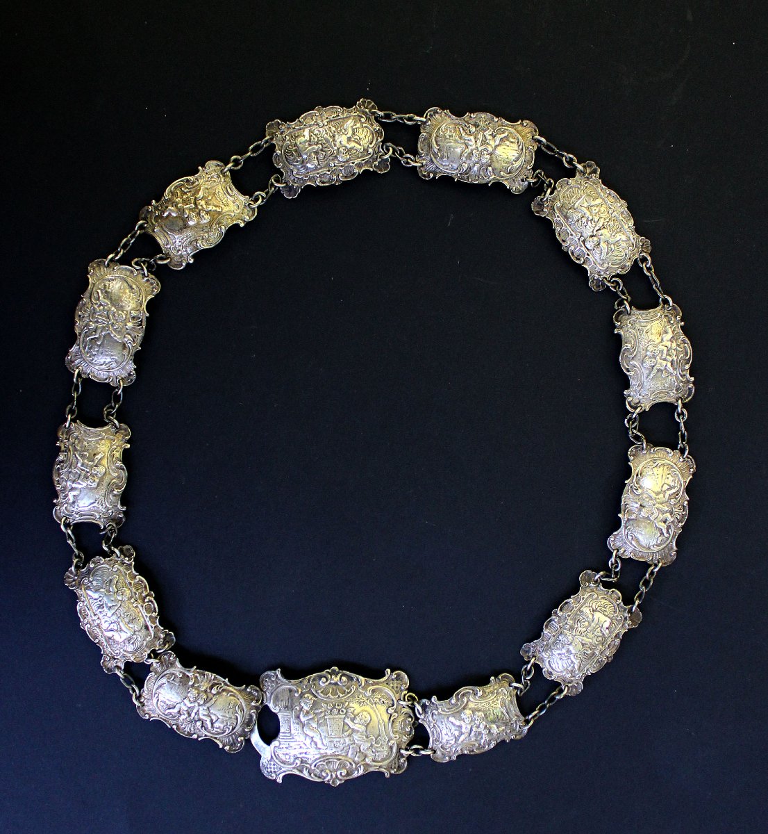 Ceinture de Dame en Argent Massif, Amoureux et Cupidons, Fin XIXe–Début XXe