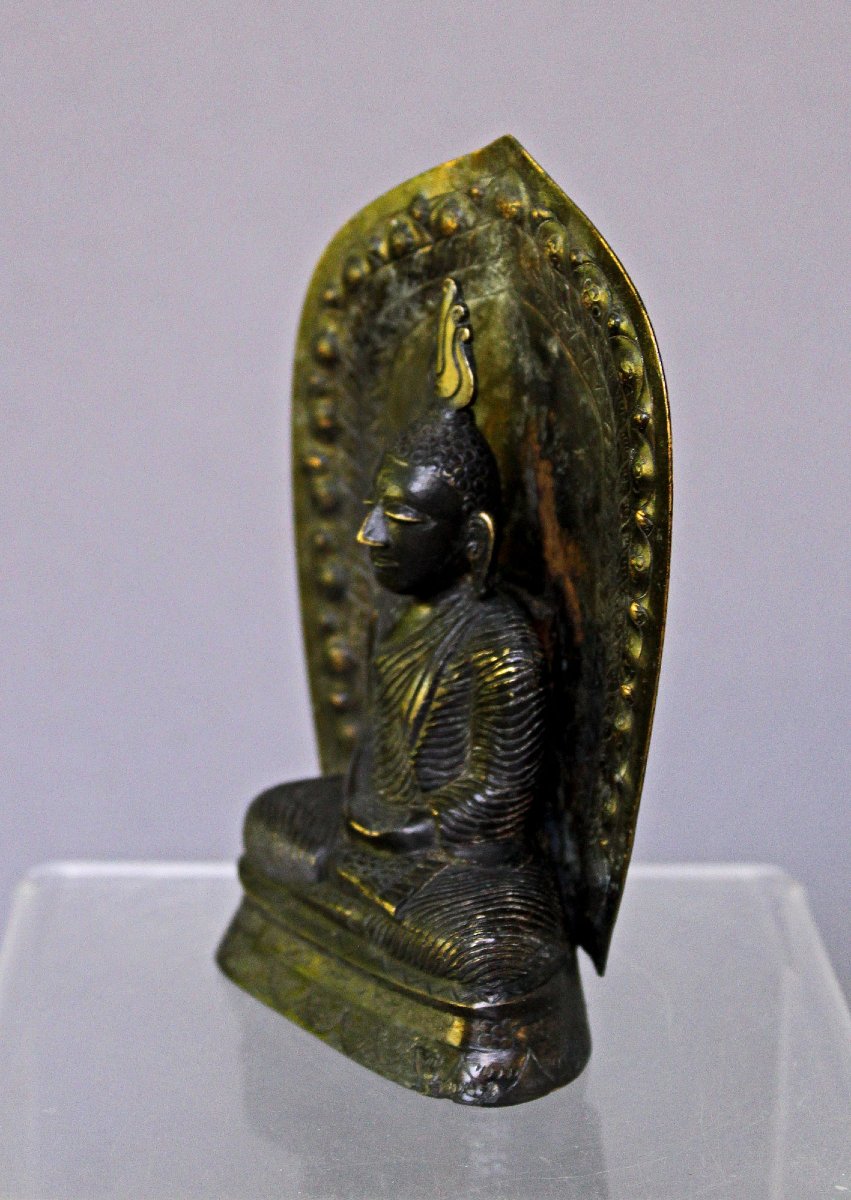 Antique Bouddha Sri Lankais Kandyan en Bronze Assis avec Mandorle Ceylon-photo-3