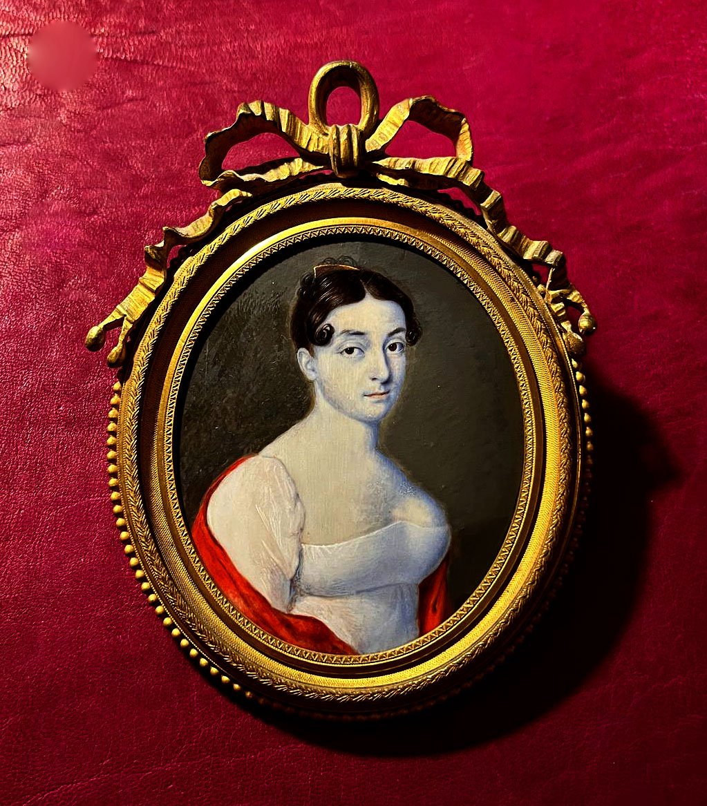 Antique Portrait Miniature Of A Young Lady On Ivory In Gilt-bronze Frame