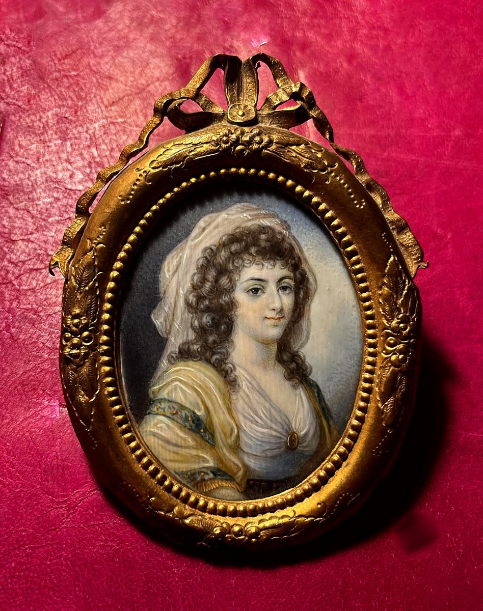 Antique Portrait Miniature, Lady Identified As Duchess Amalie Of Weimar, Gilt Metal Frame