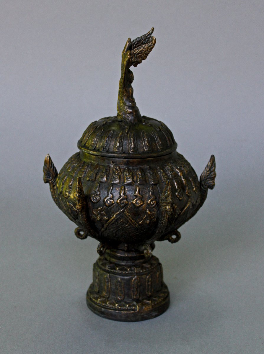 Antique Thai Bronze Khan Nam Matr Ritual Buddhist Holy Water Vessel-photo-2