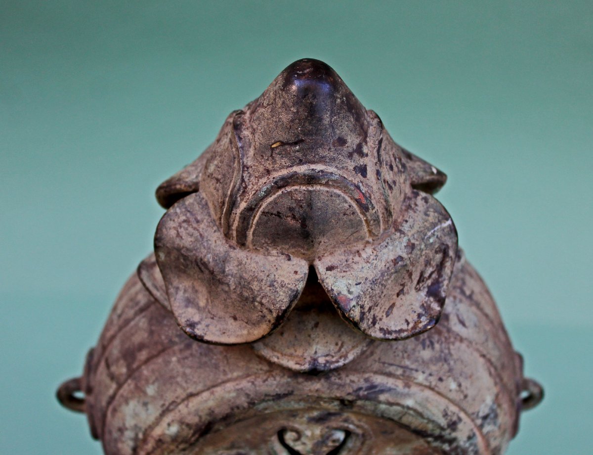 Rare Instrument Rituel Khmer Cambodgien En Bronze, Tambour-hochet, -photo-1