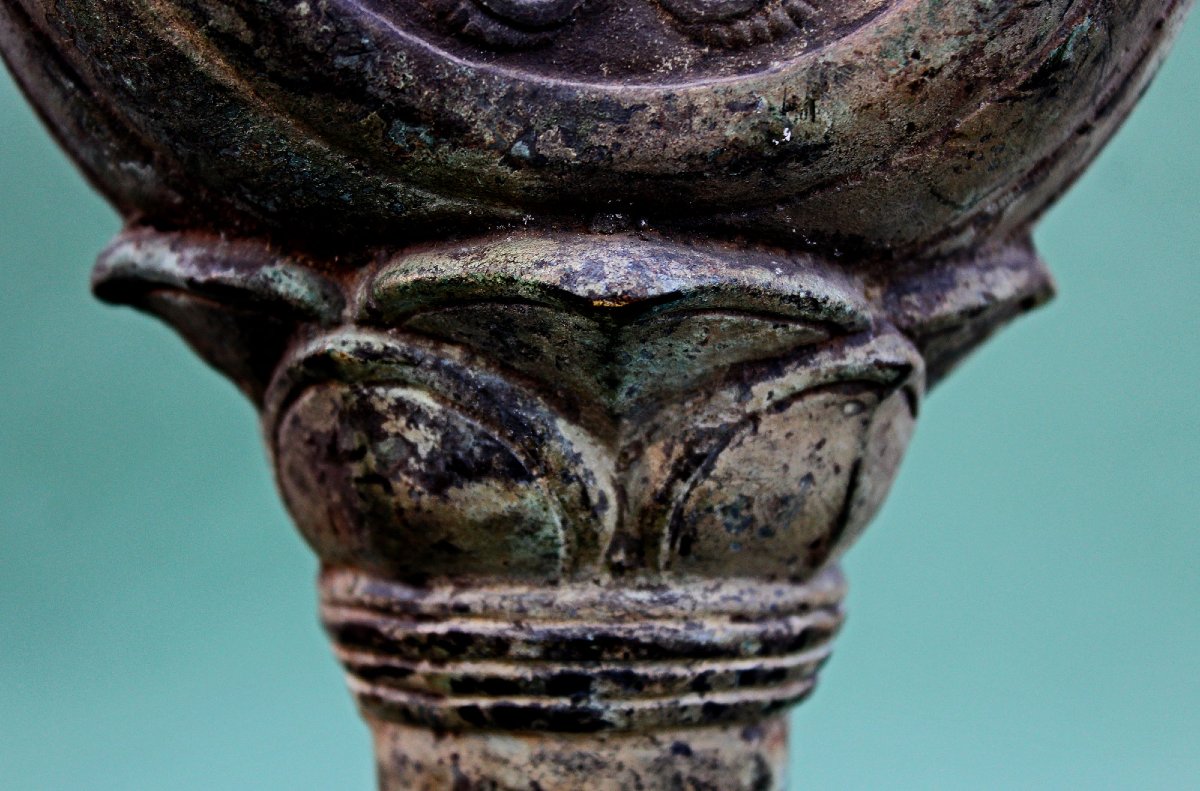 Rare Instrument Rituel Khmer Cambodgien En Bronze, Tambour-hochet, -photo-2