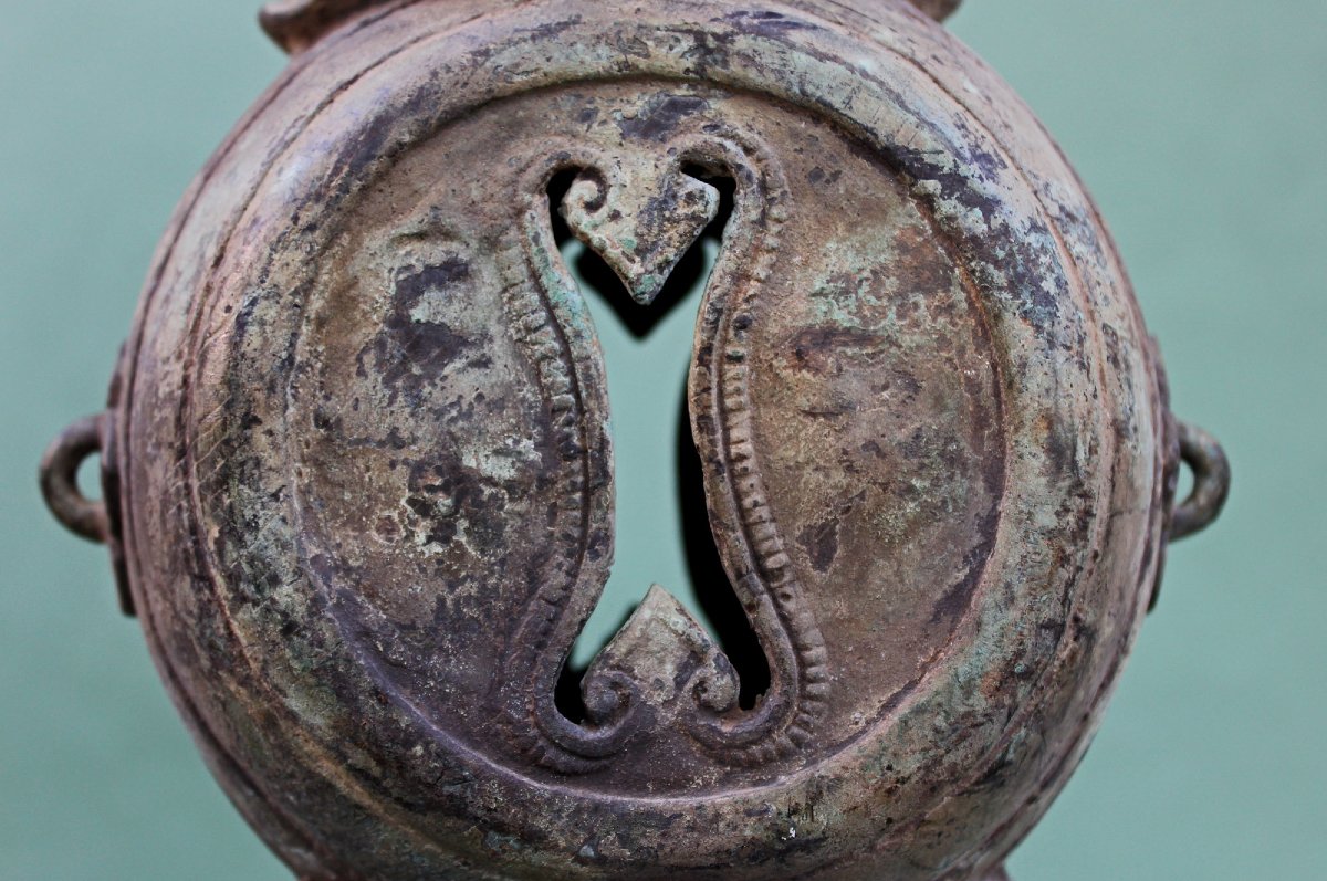 Rare Instrument Rituel Khmer Cambodgien En Bronze, Tambour-hochet, -photo-3