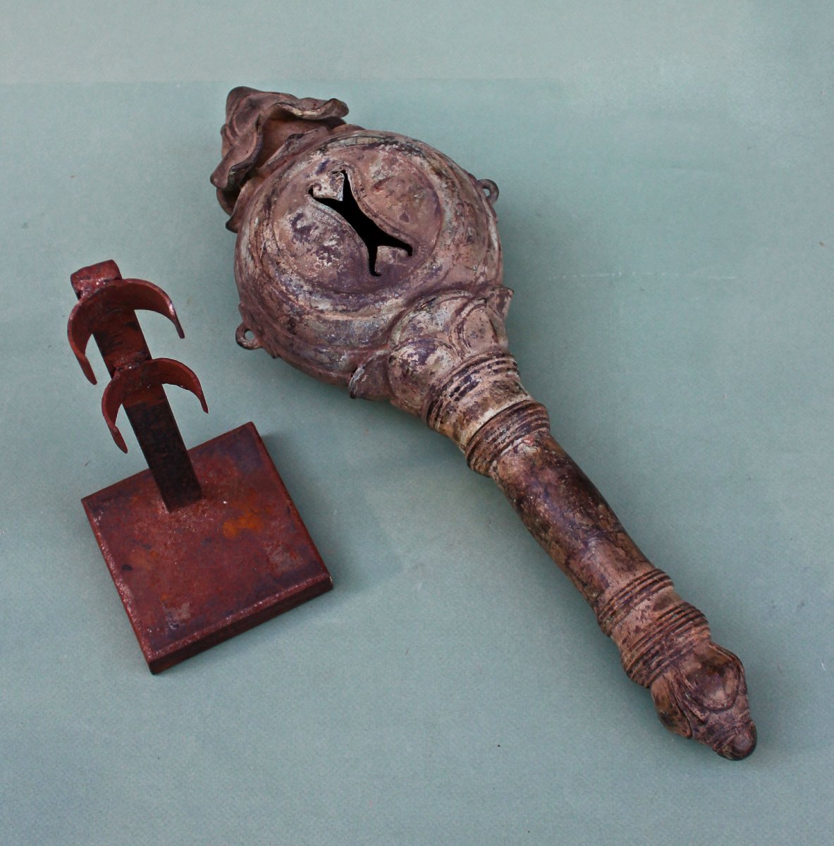 Rare Instrument Rituel Khmer Cambodgien En Bronze, Tambour-hochet, -photo-5