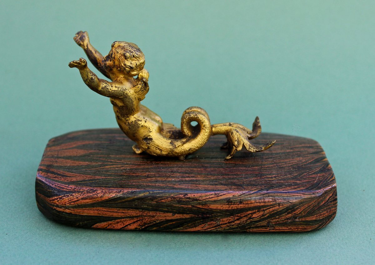 Antique Early 18th Century Ormolu Winged Putto Merman Desk Ornament-photo-3