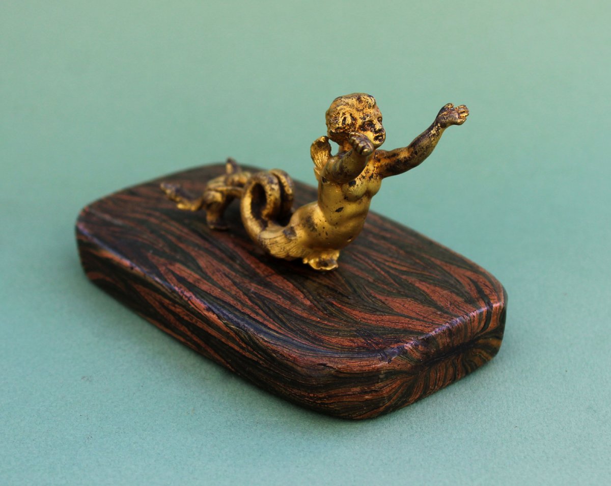 Antique Early 18th Century Ormolu Winged Putto Merman Desk Ornament-photo-4
