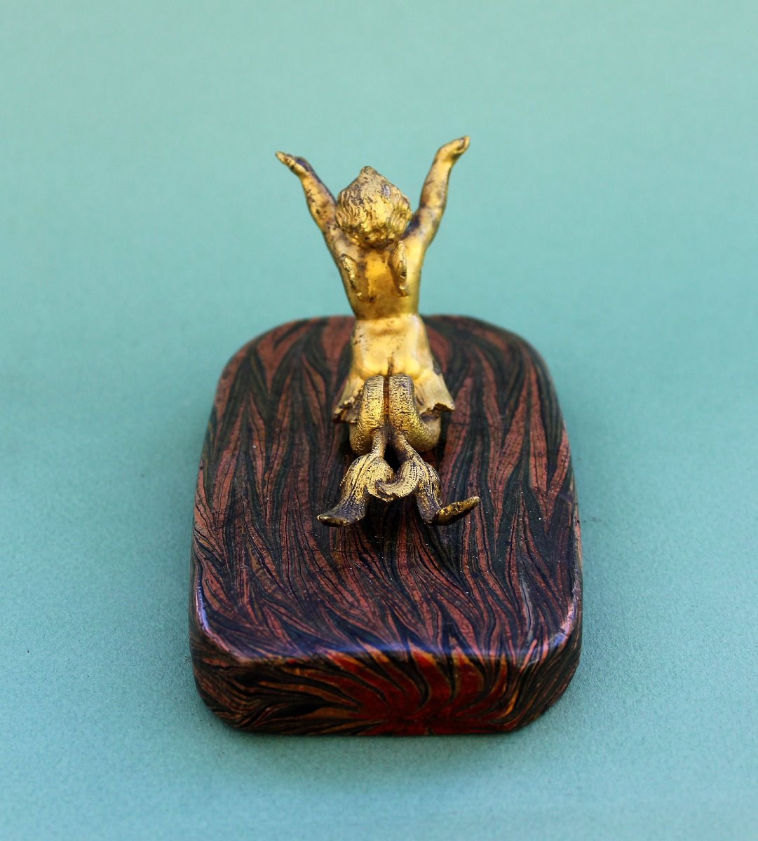 Antique Early 18th Century Ormolu Winged Putto Merman Desk Ornament-photo-2