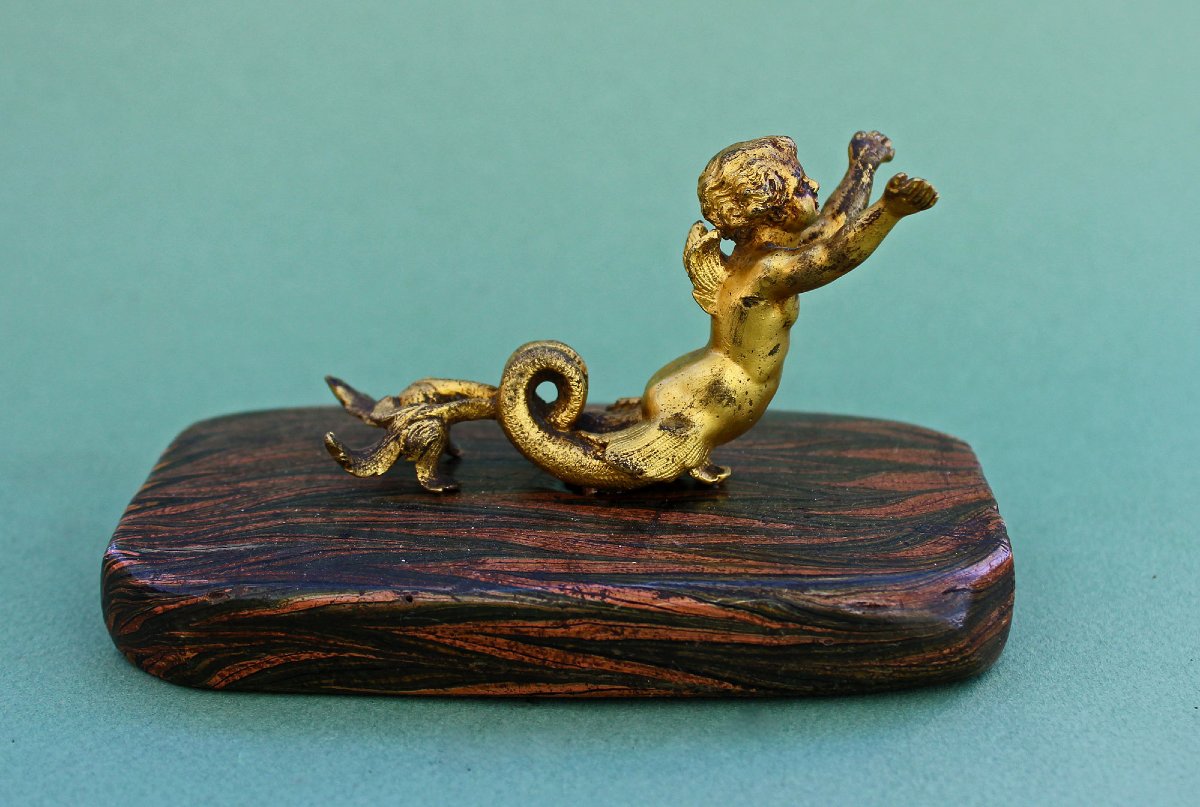 Antique Early 18th Century Ormolu Winged Putto Merman Desk Ornament-photo-3