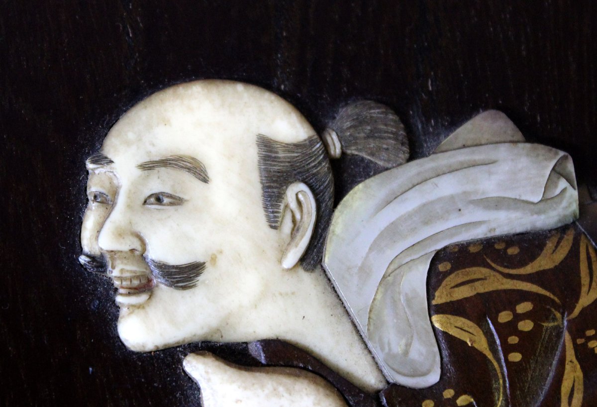 Antique Japanese Meiji Shibayama Inlaid Lacquer Panel, Signed Kōichi 光一-photo-4