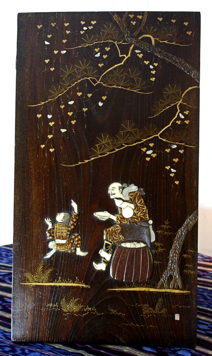 Antique Japanese Meiji Shibayama Inlaid Lacquer Panel, Signed Kōichi 光一