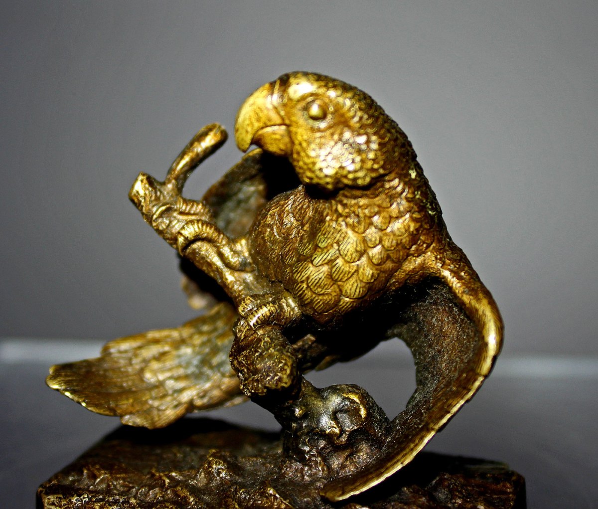 Antique Signed Christophe Fratin Miniature Bronze Parrot, France, 19th Century-photo-1
