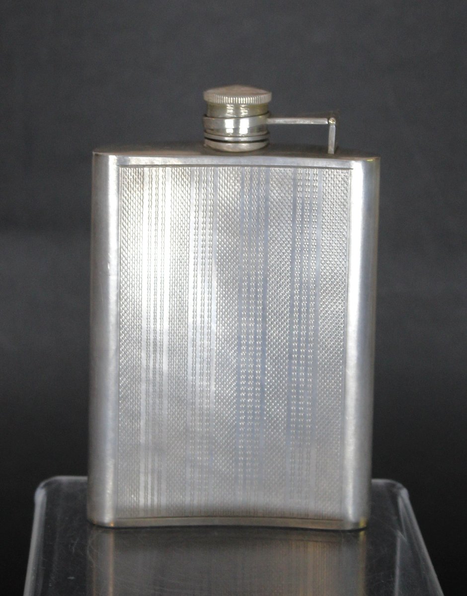 Flasque Ancienne Classique Art Déco En Argent Massif Guilloché Pour Homme-photo-3