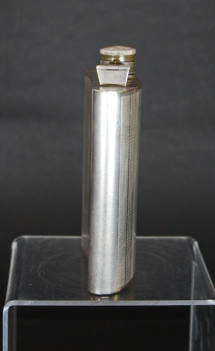 Flasque Ancienne Classique Art Déco En Argent Massif Guilloché Pour Homme-photo-4