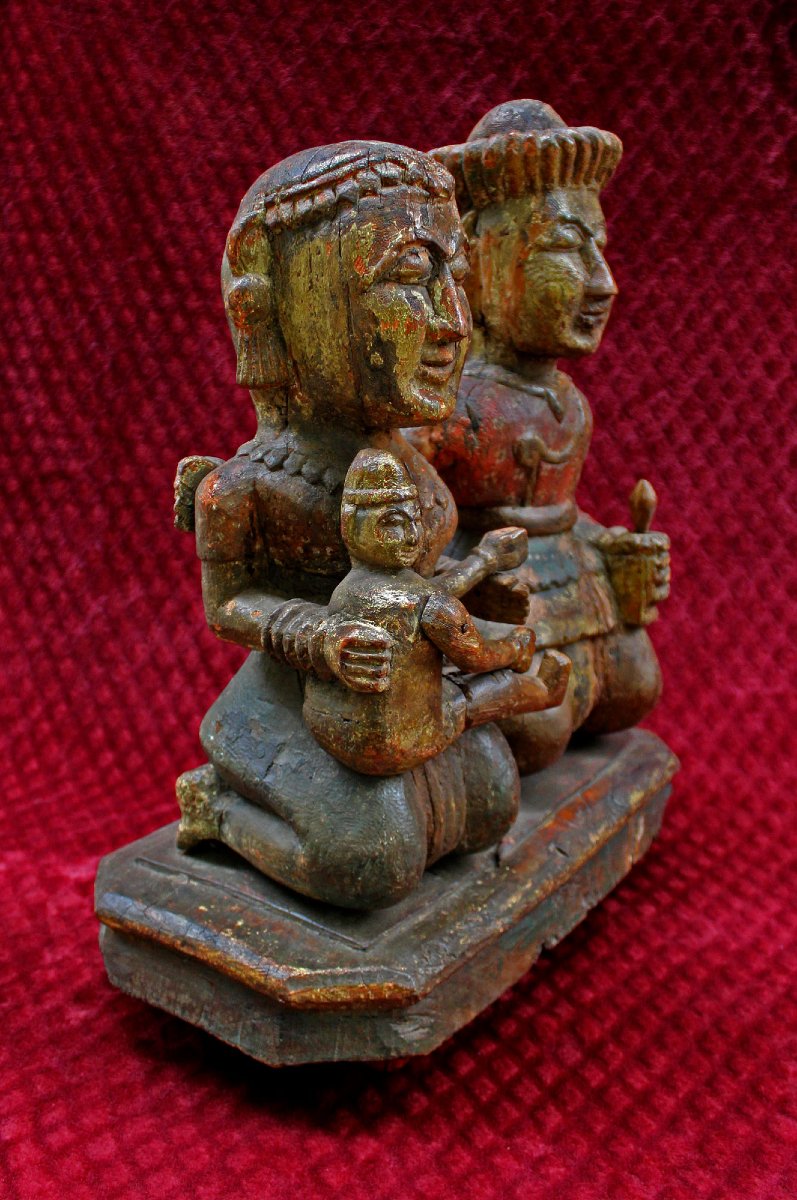 Antique Groupe de Donateurs Newar du Népal en Bois Polychrome, XIXe Siècle-photo-4