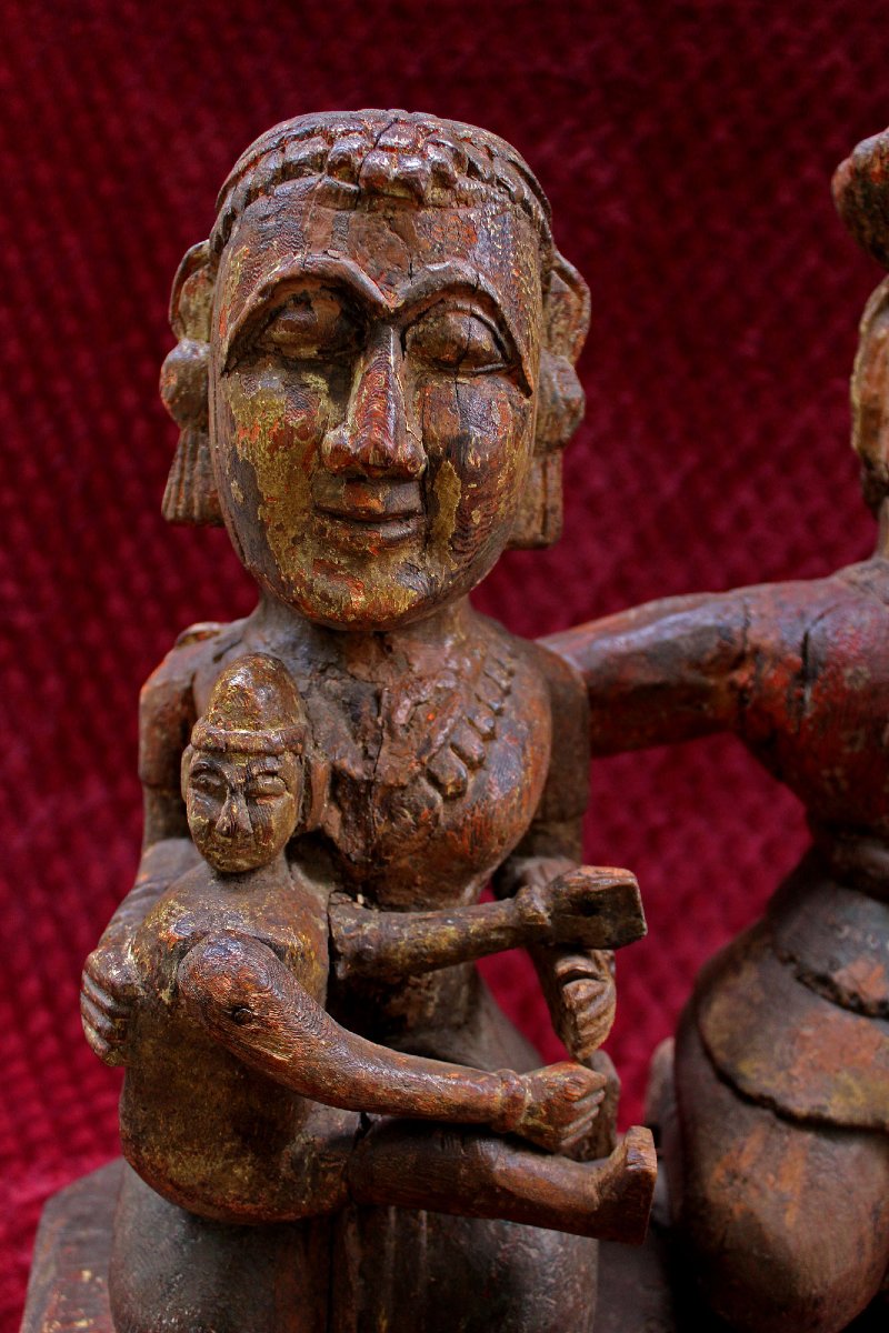 Antique Groupe de Donateurs Newar du Népal en Bois Polychrome, XIXe Siècle-photo-2