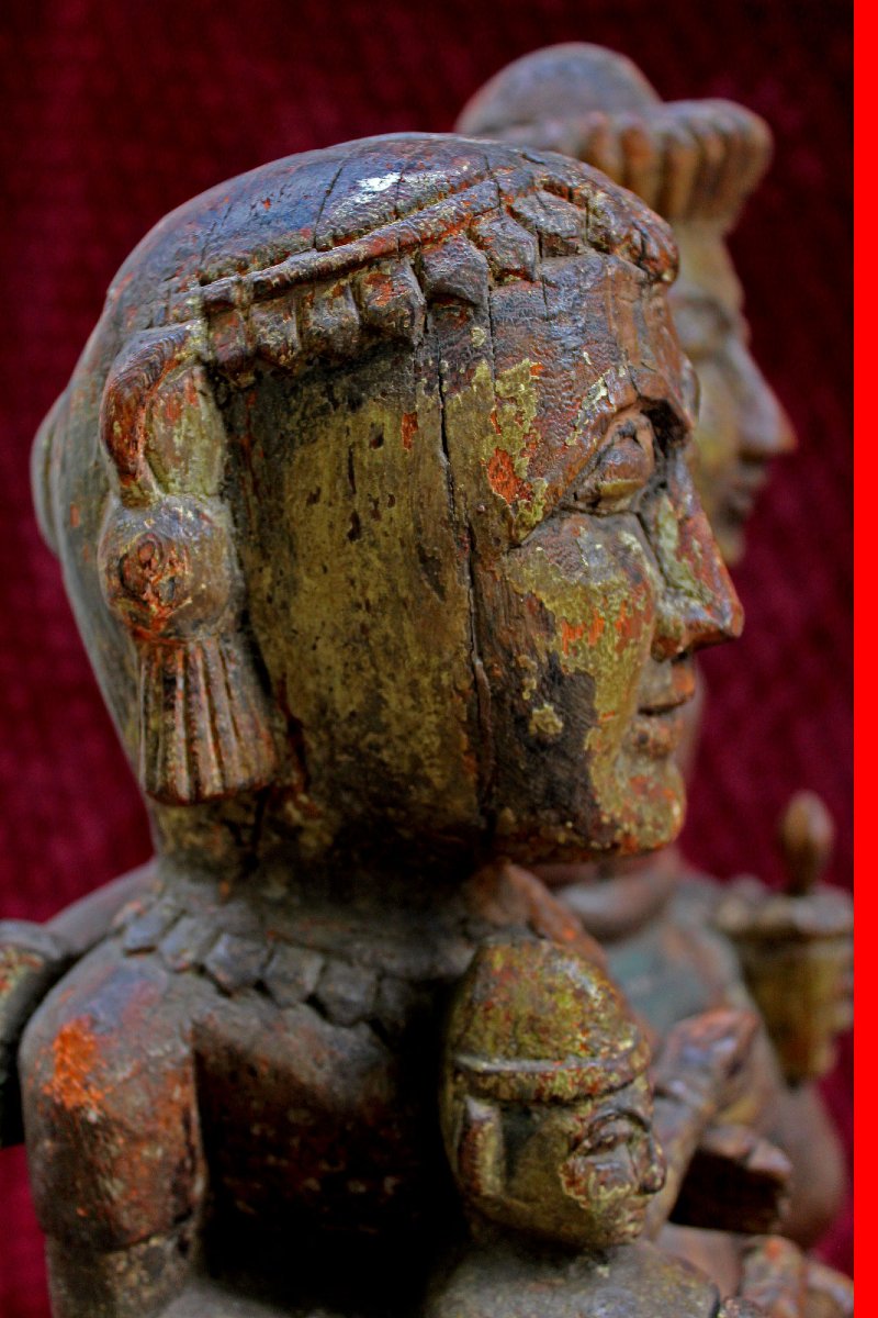 Antique Groupe de Donateurs Newar du Népal en Bois Polychrome, XIXe Siècle-photo-4