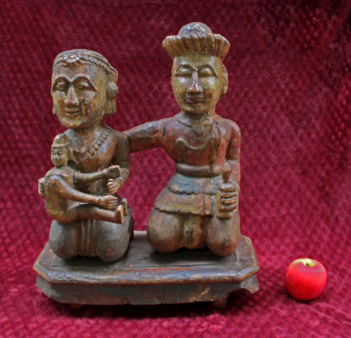 Antique Groupe de Donateurs Newar du Népal en Bois Polychrome, XIXe Siècle-photo-6