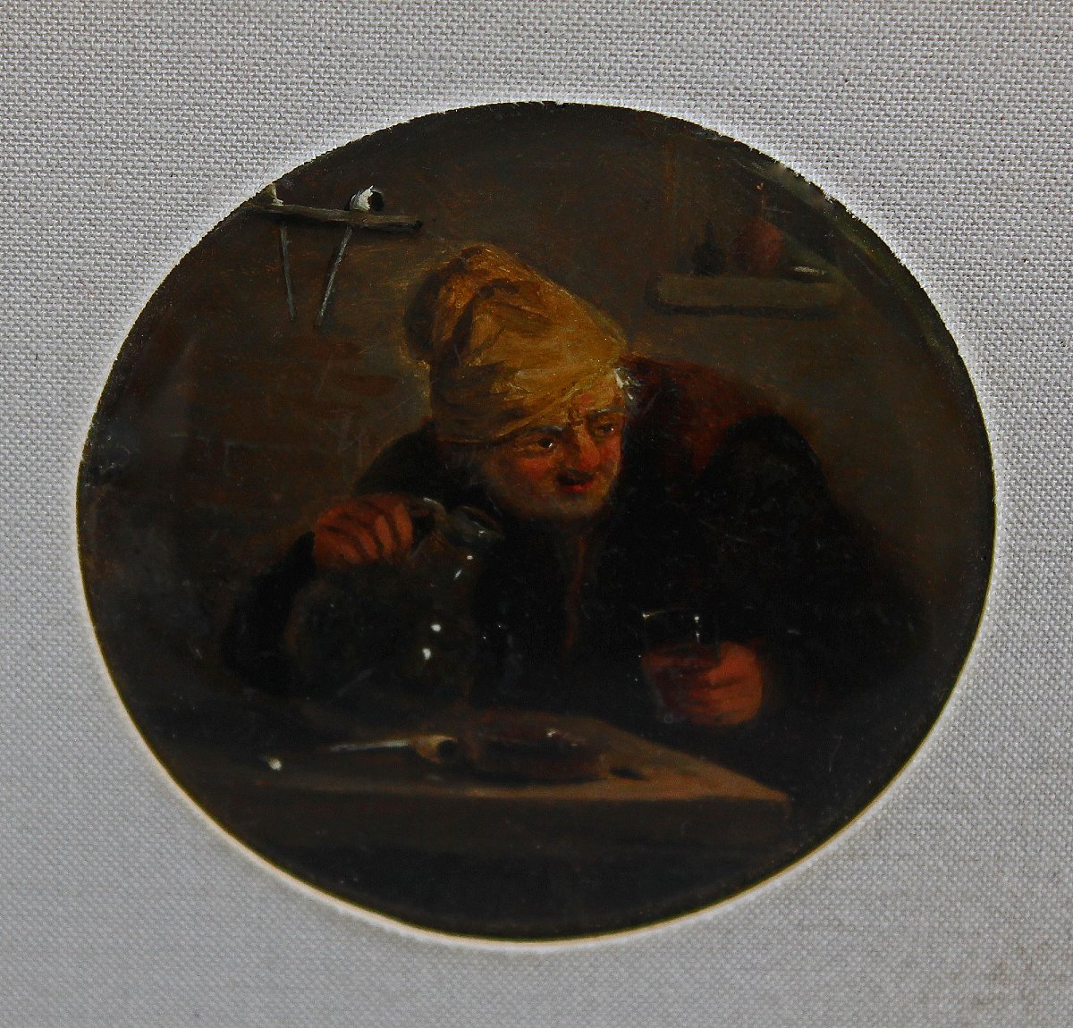 Antique Hinterglasmalerei Reverse Glass Painting, Dutch Old Master Tavern Scene, J. Müller 1779