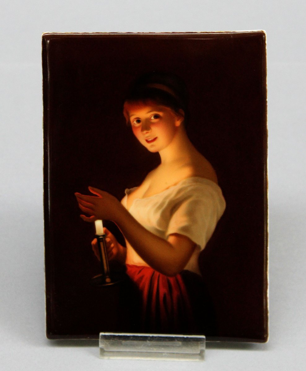 Antique German Porcelain Plaque “gute Nacht” After Georg Hom, Kpm ?, 19th Century