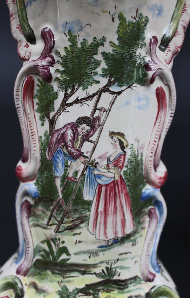 Pair Of Large Polychrome Delft  Vases, Watteau-esque Scenes, Late 19th Century-photo-4