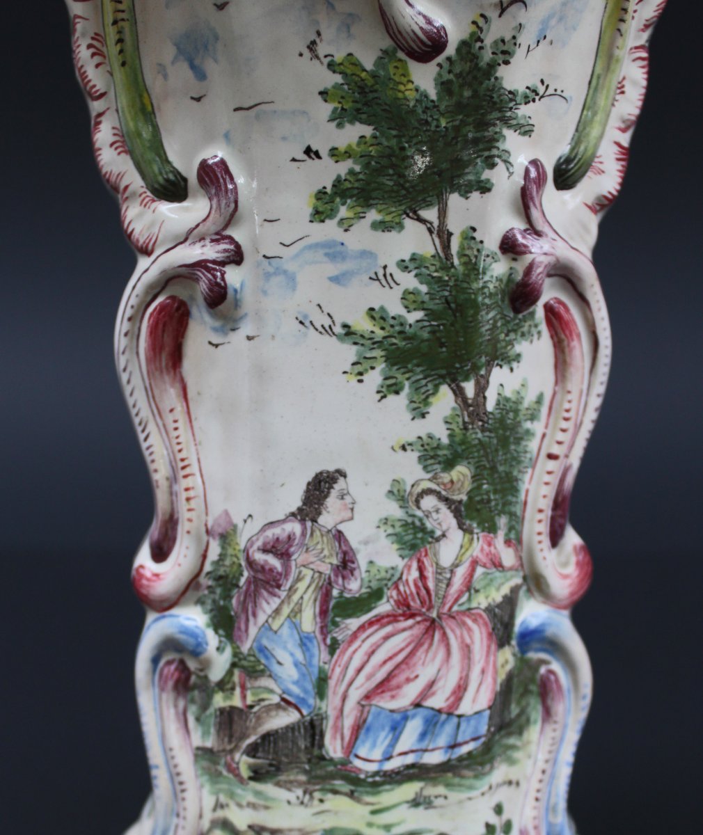 Pair Of Large Polychrome Delft  Vases, Watteau-esque Scenes, Late 19th Century-photo-2