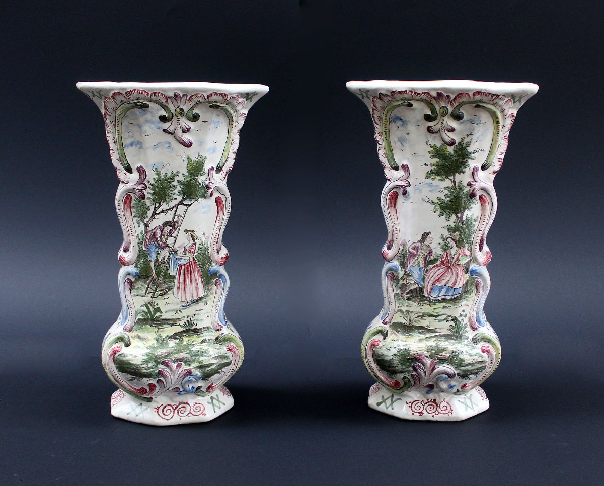 Pair Of Large Polychrome Delft  Vases, Watteau-esque Scenes, Late 19th Century